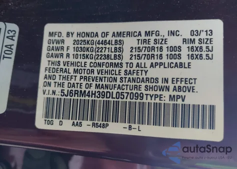 2013 Honda Cr-V Lx z USA, uszkodzony, nr VIN 5J6RM4H39DL057099